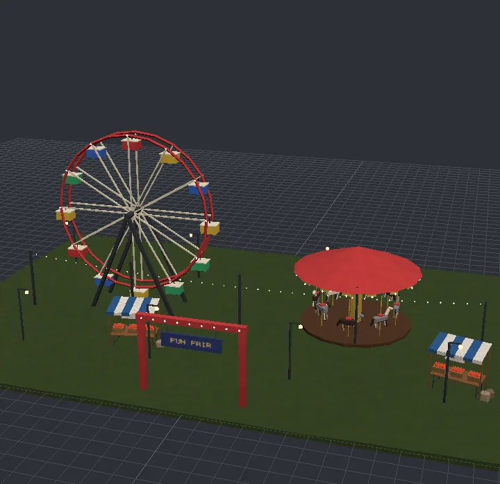 A fairground: a Ferris wheel, a carousel, strings of bulbs