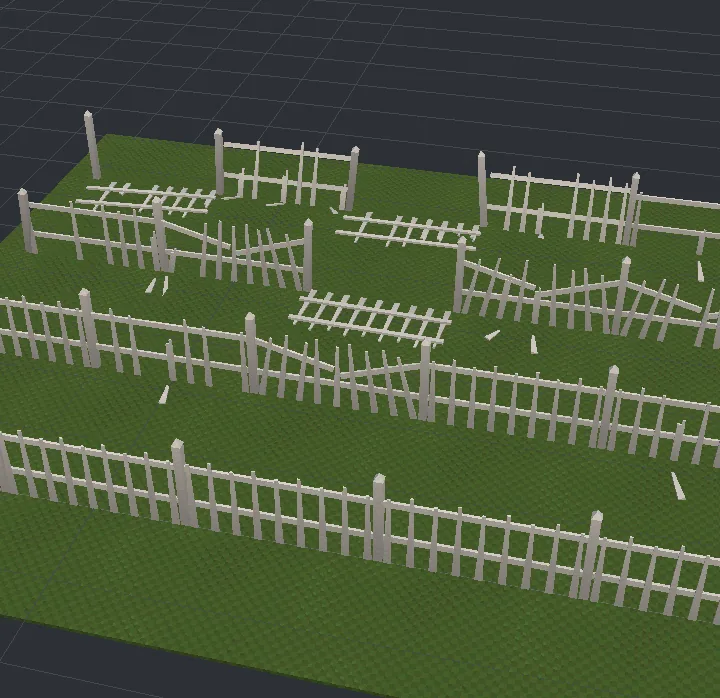 Four picket fences, from well kept to derelict: bays sagging, kicked over and flat in the grass