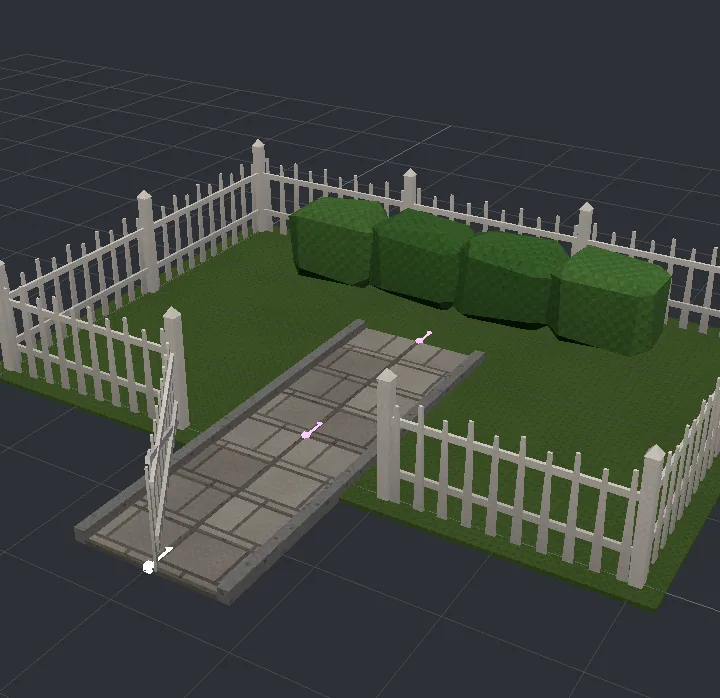 A fenced garden: panels and posts following one line of points