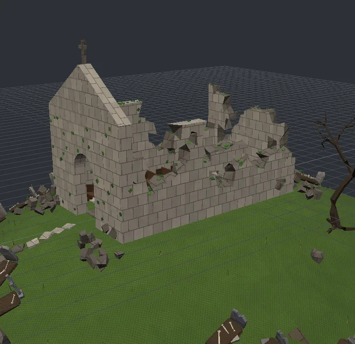 A roofless chapel on a hill, its walls broken, graves leaning on the slopes