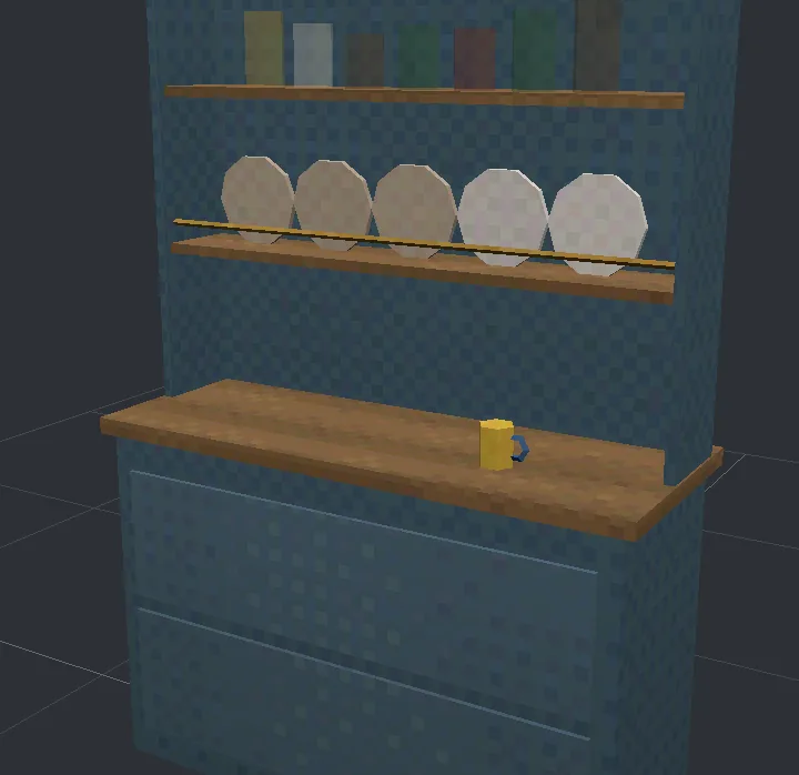A painted kitchen dresser with plates and jars