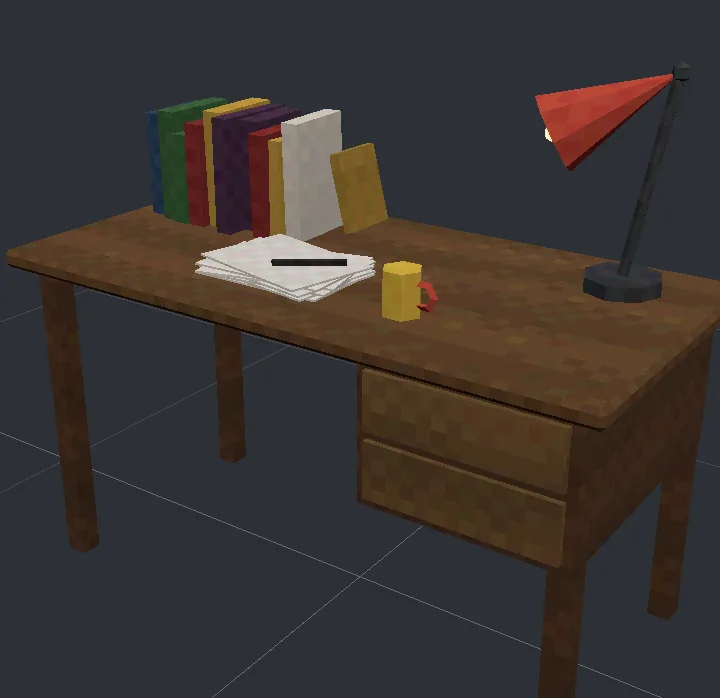 A writer's desk: books in a row, a lamp, papers in a stack